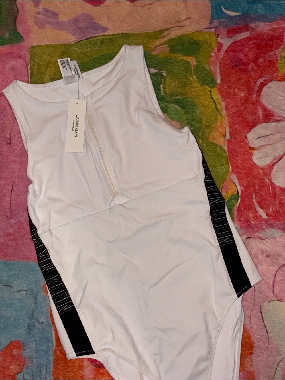 Calvin Klein White One-Piece Sports Bodysuit with Black Logo Panels